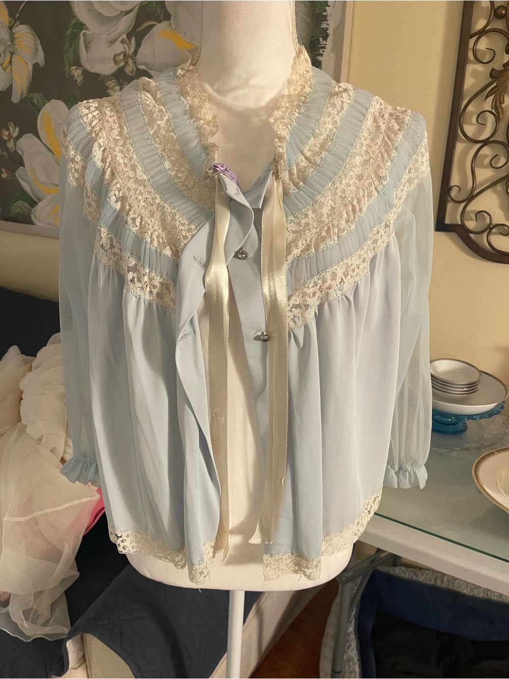 Vintage Sheer Blue Lace Top S Lingerie Victorian Coquette Balletcore Romantic - Picture 3 of 16